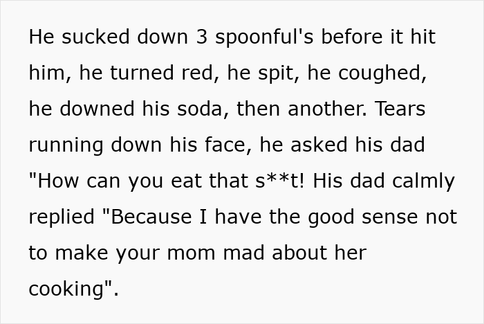 Text about son's reaction to extra spicy food cooked by mom. Text about son's reaction to extra spicy food cooked by mom.
