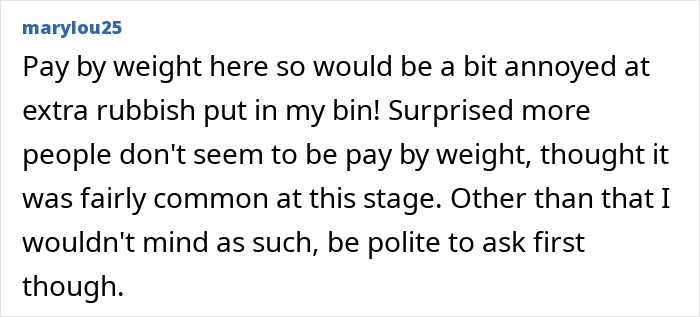 Text reaction about trash bin sharing and pay-by-weight system. Text reaction about trash bin sharing and pay-by-weight system.