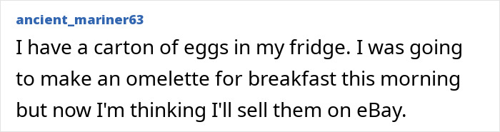 Text joke about high egg prices, with a humorous comment about selling them on eBay. Text joke about high egg prices, with a humorous comment about selling them on eBay.