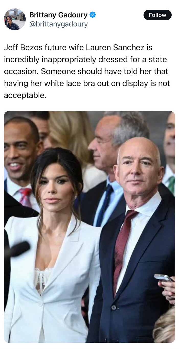 Lauren Sanchez in a white outfit at a formal event, sparking debate on appropriate attire. Lauren Sanchez in a white outfit at a formal event, sparking debate on appropriate attire.