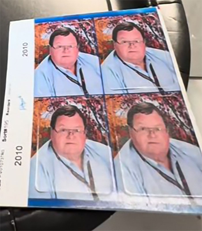 Four identical photos of a man in glasses and a blue shirt with lanyard, dated 2010. Four identical photos of a man in glasses and a blue shirt with lanyard, dated 2010.