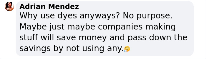 A comment questioning the use of Red Dye No. 3 despite its cancer risk and potential for cost savings. A comment questioning the use of Red Dye No. 3 despite its cancer risk and potential for cost savings.