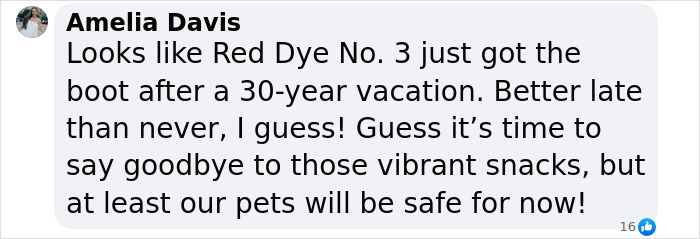 Text discussing Red Dye No. 3 ban after 30 years due to cancer concerns, mentioned with a safety note for pets. Text discussing Red Dye No. 3 ban after 30 years due to cancer concerns, mentioned with a safety note for pets.