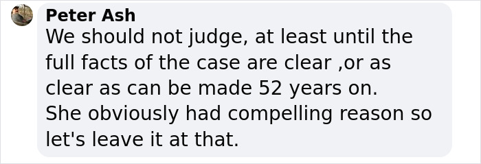Comment by Peter Ash discussing judgment on a woman missing for 52 years, referencing her compelling reasons. Comment by Peter Ash discussing judgment on a woman missing for 52 years, referencing her compelling reasons.