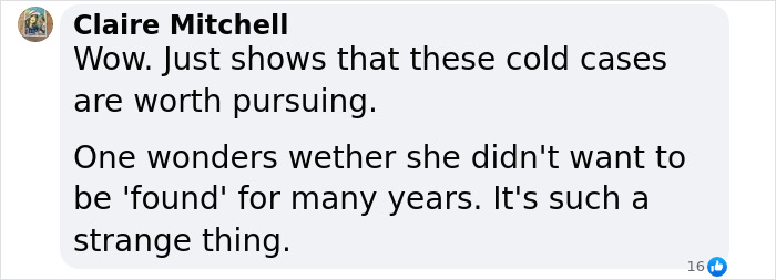 Comment discussing the resolution of a missing woman case after 52 years. Comment discussing the resolution of a missing woman case after 52 years.