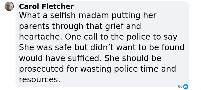 Comment criticizing missing woman’s actions after being located following 52-year disappearance. Comment criticizing missing woman’s actions after being located following 52-year disappearance.