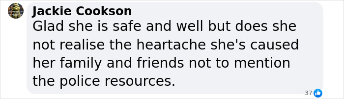 Text comment expressing relief for a missing woman's safety and concern over the heartache caused by her 52-year disappearance. Text comment expressing relief for a missing woman's safety and concern over the heartache caused by her 52-year disappearance.