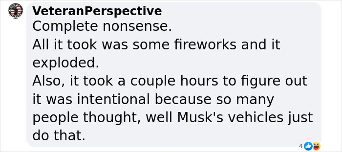 Text from a user named VeteranPerspective commenting on Musk's Cybertruck explosion. Text from a user named VeteranPerspective commenting on Musk's Cybertruck explosion.