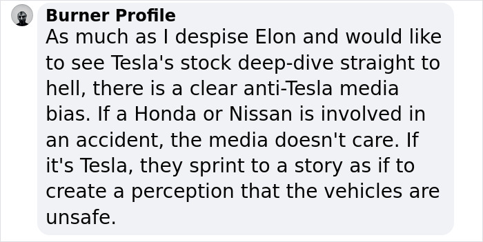 Comment discussing anti-Tesla media bias related to Elon Musk and vehicle safety perceptions. Comment discussing anti-Tesla media bias related to Elon Musk and vehicle safety perceptions.