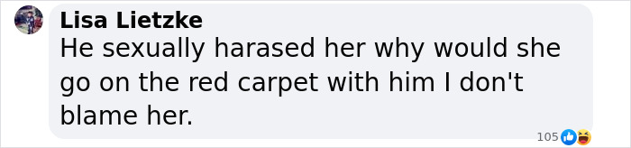 Text comment discussing allegations against an individual related to red carpet event. Text comment discussing allegations against an individual related to red carpet event.