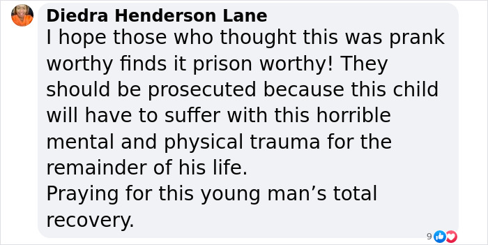 Comment expressing outrage about a 12-year-old boy hospitalized after a prank gone wrong. Comment expressing outrage about a 12-year-old boy hospitalized after a prank gone wrong.