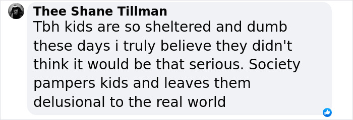 Text comment discussing kids as sheltered, reflecting on hot water prank that hospitalized a 12-year-old boy. Text comment discussing kids as sheltered, reflecting on hot water prank that hospitalized a 12-year-old boy.