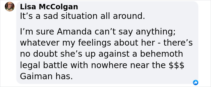 Text from social media discussing Neil Gaiman's ex-wife and legal battles amid assault allegations. Text from social media discussing Neil Gaiman's ex-wife and legal battles amid assault allegations.