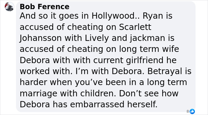 Social media comment discussing rumors involving Deborra-Lee Furness, Blake Lively, and Hugh Jackman. Social media comment discussing rumors involving Deborra-Lee Furness, Blake Lively, and Hugh Jackman.