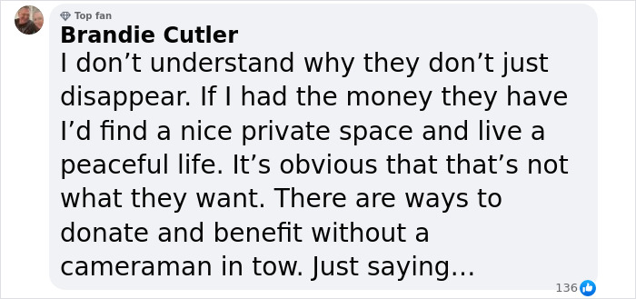 Comment questioning Meghan Markle and Prince Harry's lifestyle choices, suggesting privacy over publicity. Comment questioning Meghan Markle and Prince Harry's lifestyle choices, suggesting privacy over publicity.