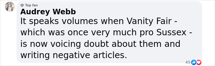 Comment discussing Vanity Fair article impact on Meghan Markle and Prince Harry. Comment discussing Vanity Fair article impact on Meghan Markle and Prince Harry.