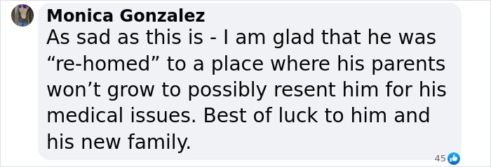 Comment on rehoming adopted son, expressing relief for child's better placement. Comment on rehoming adopted son, expressing relief for child's better placement.