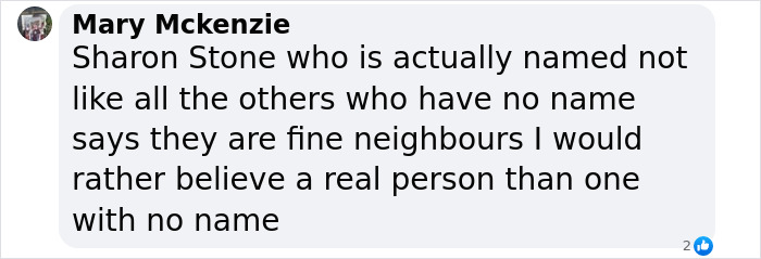 Text conversation discussing Sharon Stone, mentioning real vs unnamed neighbors. Text conversation discussing Sharon Stone, mentioning real vs unnamed neighbors.