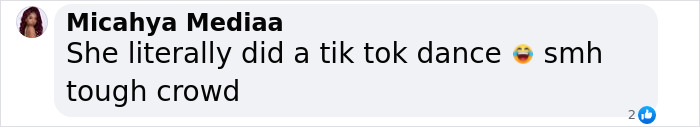 Social media comment about flight attendant's dance video, mentioning a TikTok dance and tough crowd. Social media comment about flight attendant's dance video, mentioning a TikTok dance and tough crowd.