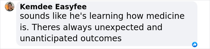 Text message from Kemdee Easyfee discussing unexpected medicine outcomes and side effects. Text message from Kemdee Easyfee discussing unexpected medicine outcomes and side effects.