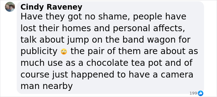 A comment criticizing Prince Harry and Meghan Markle after visiting LA fire victims, questioning their motives. A comment criticizing Prince Harry and Meghan Markle after visiting LA fire victims, questioning their motives.