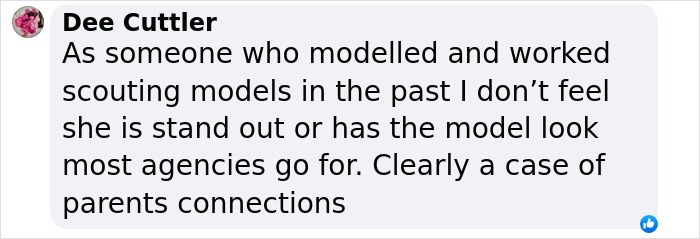 A comment about Nicole Kidman's "nepo baby" modeling success and industry connections. A comment about Nicole Kidman's "nepo baby" modeling success and industry connections.