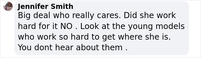 Comment criticizing nepo baby modeling success over hardworking young models. Comment criticizing nepo baby modeling success over hardworking young models.