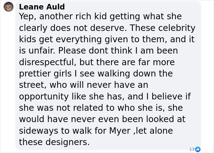 Social media comment criticizing a celebrity's child's modeling opportunity, questioning fairness and merit. Social media comment criticizing a celebrity's child's modeling opportunity, questioning fairness and merit.