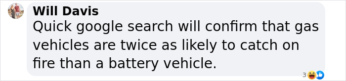 Text message mentioning gas vehicle fire risks compared to battery vehicles. Text message mentioning gas vehicle fire risks compared to battery vehicles.