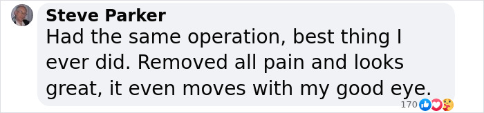 Comment from Steve Parker about an eye operation, mentioning pain relief and improved movement. Comment from Steve Parker about an eye operation, mentioning pain relief and improved movement.