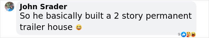 Comment about a two-story permanent trailer house in Florida with laughing emoji reactions from neighbors. Comment about a two-story permanent trailer house in Florida with laughing emoji reactions from neighbors.