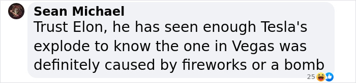 Text message about Elon Musk's opinion on Cybertruck explosion causes, mentioning fireworks or a bomb. Text message about Elon Musk's opinion on Cybertruck explosion causes, mentioning fireworks or a bomb.