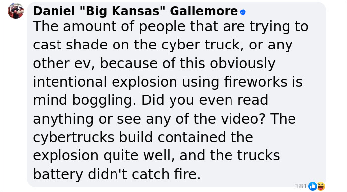 Comment on Cybertruck's durability against explosion, mentioning intentional use of fireworks and no battery fire. Comment on Cybertruck's durability against explosion, mentioning intentional use of fireworks and no battery fire.