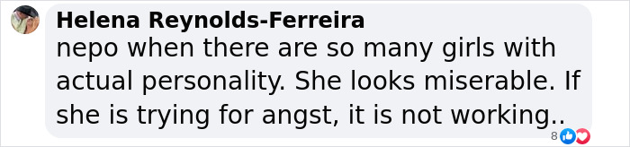 Comment criticizing a "nepo baby" model, mentioning personality and angst. Comment criticizing a "nepo baby" model, mentioning personality and angst.