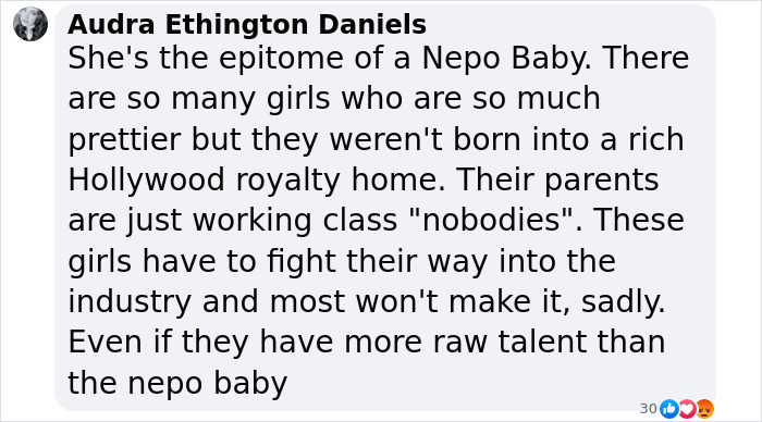 Text discussing "Nepo Baby" and challenges faced by others in the industry, highlighting privilege and talent disparities. Text discussing "Nepo Baby" and challenges faced by others in the industry, highlighting privilege and talent disparities.