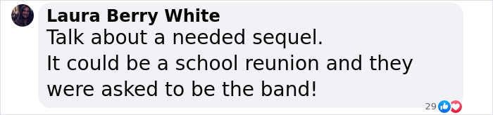Laura Berry White's comment about a school reunion and band idea related to School of Rock child stars. Laura Berry White's comment about a school reunion and band idea related to School of Rock child stars.
