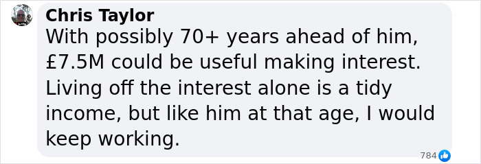 Comment discussing £7.5M lottery win, mentioning the idea of working despite the win for future income benefits. Comment discussing £7.5M lottery win, mentioning the idea of working despite the win for future income benefits.