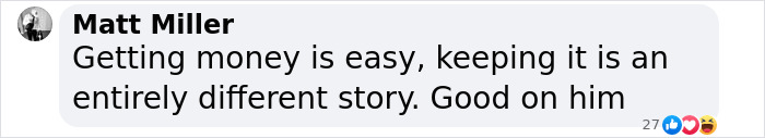 Comment praising lottery winner's decision to return to engineering work. Comment praising lottery winner's decision to return to engineering work.