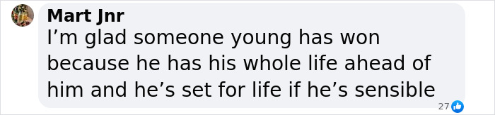 Comment about young lottery winner going back to work as an engineer after winning £7.5M, expressing optimism for his future. Comment about young lottery winner going back to work as an engineer after winning £7.5M, expressing optimism for his future.