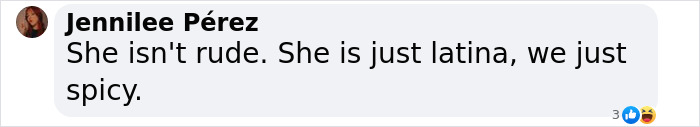 Comment by Jennilee Pérez defending Sofia Vergara's behavior, emphasizing cultural traits. Comment by Jennilee Pérez defending Sofia Vergara's behavior, emphasizing cultural traits.