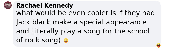 Text conversation about Jack Black's possible "School of Rock" song performance. Text conversation about Jack Black's possible "School of Rock" song performance.
