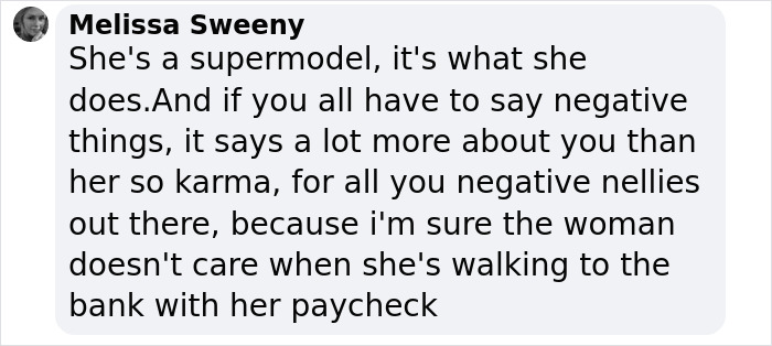 Text message supporting supermodel's actions and emphasizing confidence despite negativity. Text message supporting supermodel's actions and emphasizing confidence despite negativity.