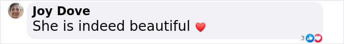 Comment by Joy Dove saying, "She is indeed beautiful" with a heart emoji. Comment by Joy Dove saying, "She is indeed beautiful" with a heart emoji.