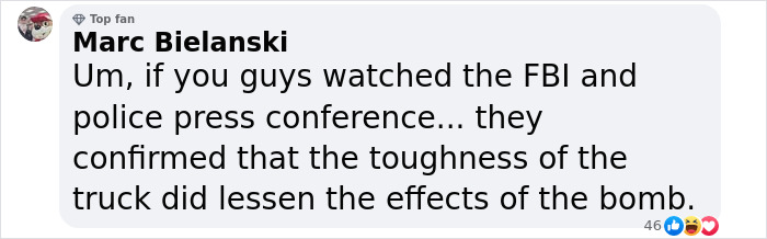 Comment on Cybertruck's toughness during press conference about explosion impact. Comment on Cybertruck's toughness during press conference about explosion impact.