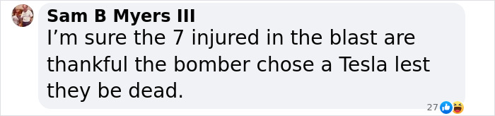 Comment about Tesla Cybertruck explosion, expressing relief for the injured. Comment about Tesla Cybertruck explosion, expressing relief for the injured.