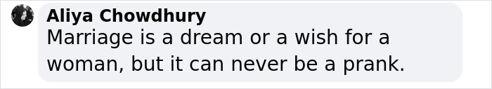 Chat message from Aliya Chowdhury discussing the impossibility of marriage being a prank. Chat message from Aliya Chowdhury discussing the impossibility of marriage being a prank.