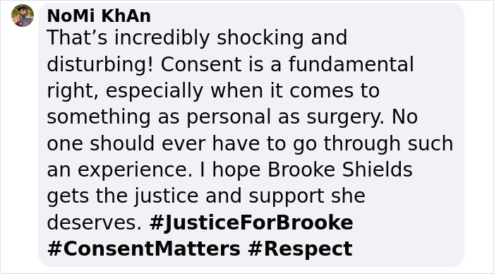 Comment highlights labia surgery consent issues; mentions Brooke Shields and hashtags #JusticeForBrooke #ConsentMatters. Comment highlights labia surgery consent issues; mentions Brooke Shields and hashtags #JusticeForBrooke #ConsentMatters.