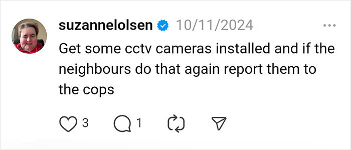 Social media post advising to install CCTV cameras and report secret missions by neighbors. Social media post advising to install CCTV cameras and report secret missions by neighbors.