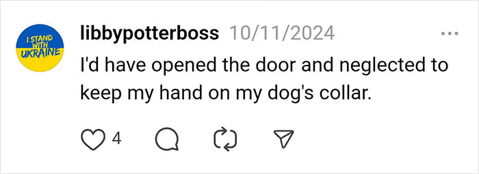 Social media comment about opening the door and controlling a dog's collar. Social media comment about opening the door and controlling a dog's collar.