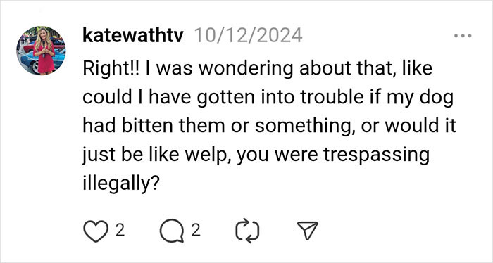 A social media post discussing possible legal issues with unexpected plumbers trespassing in a private yard. A social media post discussing possible legal issues with unexpected plumbers trespassing in a private yard.